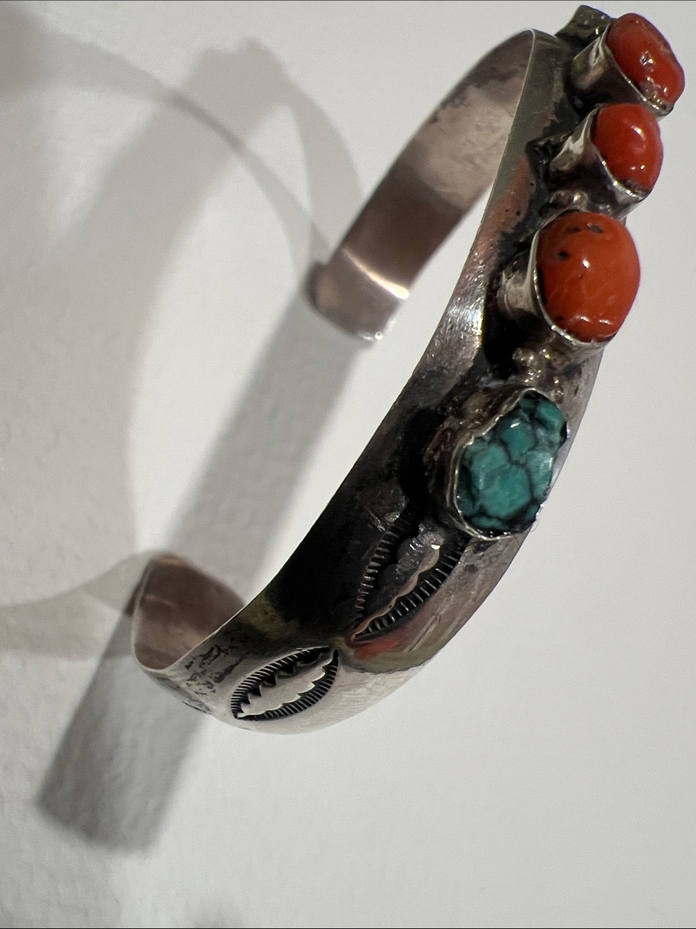 Native American Sterling Silver Orange Coral and Turquoise Cuff Bracelet - Picture 2 of 9